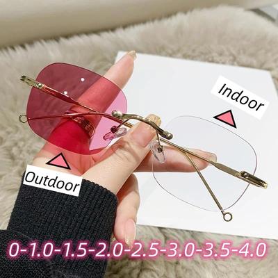 Randlose photochrome Brille für Damen, modisch, luxuriös, mit Blaulichtfilter, Myopie-Brille, Farbwechsel-Sonnenbrille für den Außenbereich