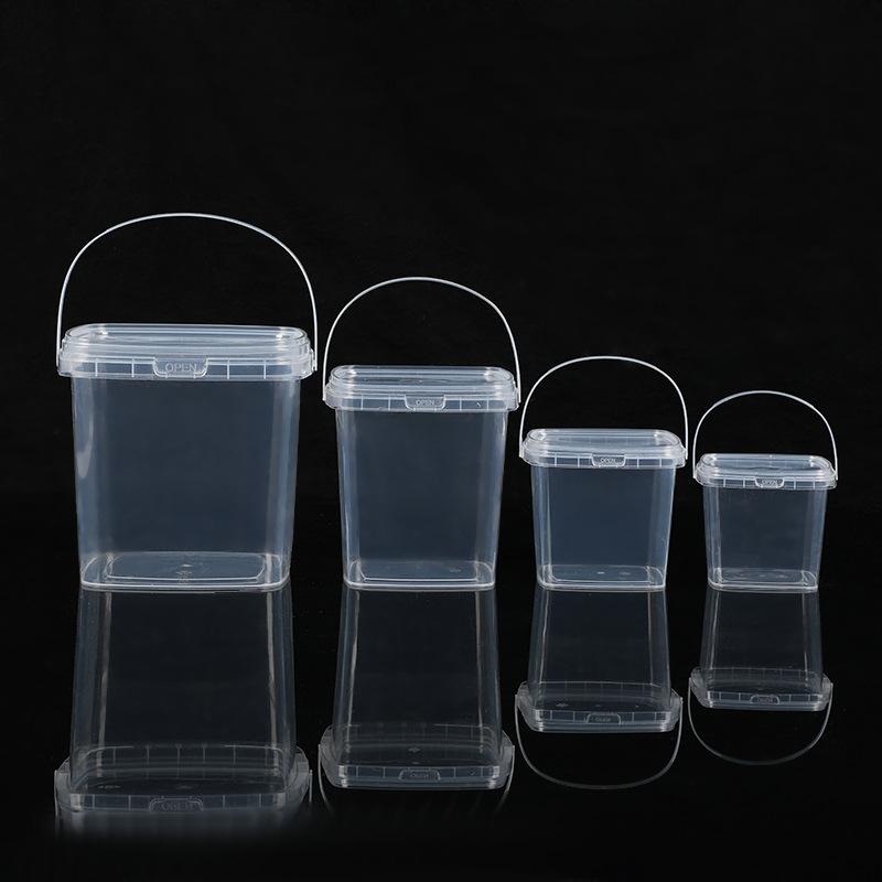 Thickened Portable Food Grade Pp Transparent Plastic Drum With Lid Milk Tea Fruit Bucket Sealing Glue, Square Bucket Batch