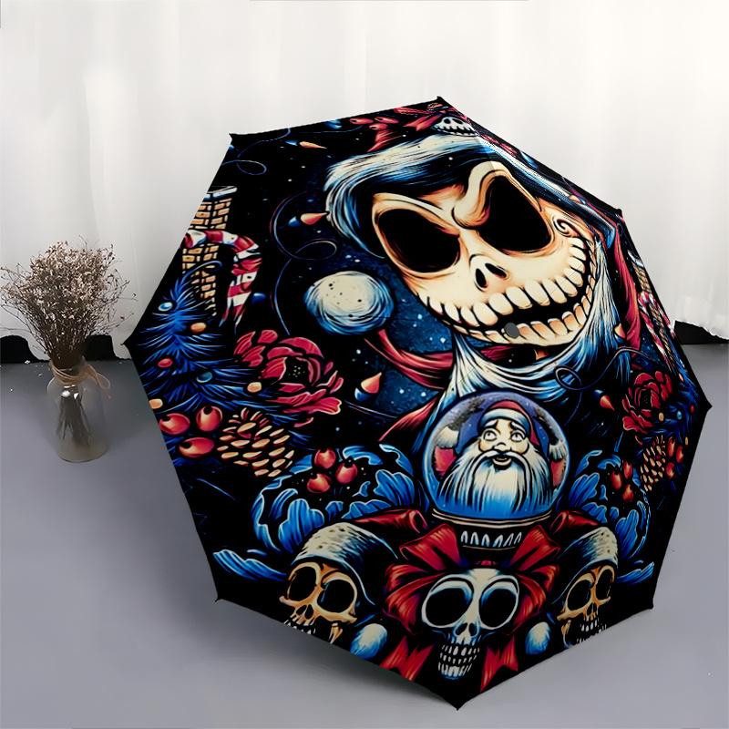 1pc Christmas Skeleton Design Durable Cartoon Folding Umbrella, Portable 3-Fold Compact Umbrella for Men and Women, Suitable for Travel or Daily