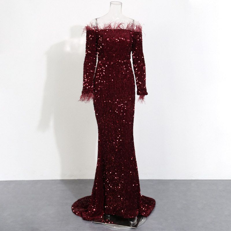 

Cross-Border Sequined Evening Dress for Women, New European and American Style, Feather Long-Sleeve Party Gown, Long Dress for Toasting Wine Red S