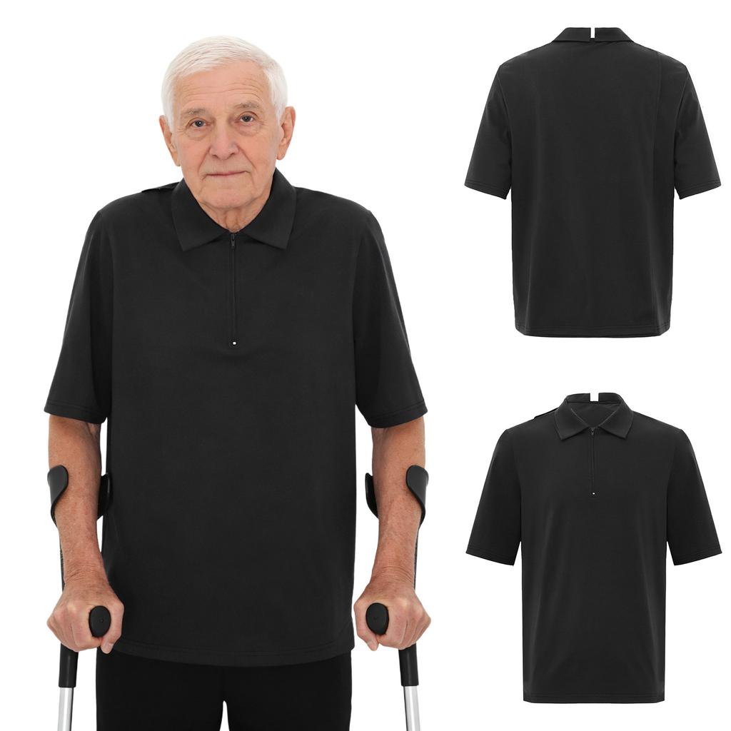 Snadno oblékatelná adaptivní košile pro muže, krátký rukáv, límeček, plně rozepínací na zádech na zip, pro péči o pacienty s Alzheimerovou chorobou a demencí