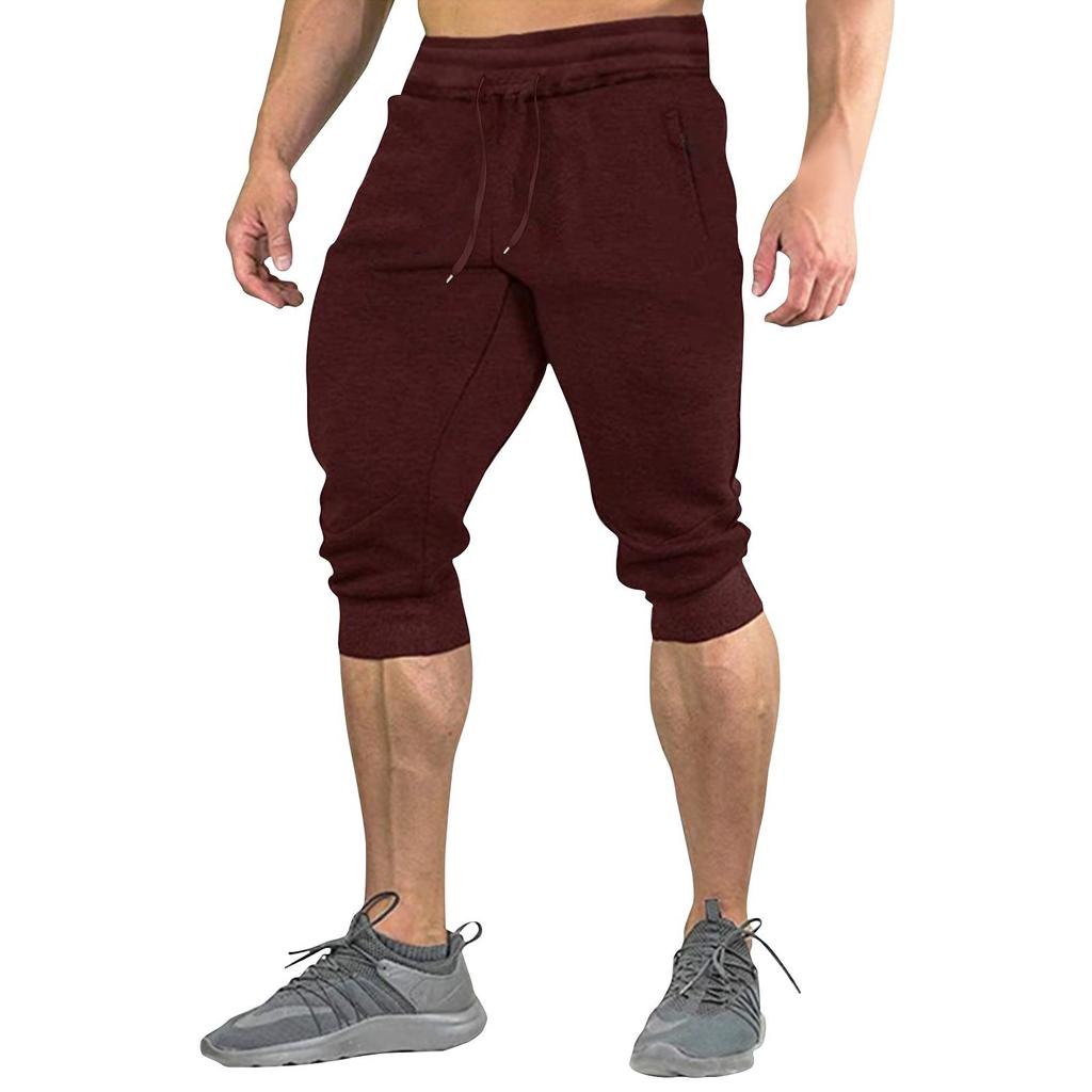 Men's Summer Color Shorts Men's Elastic Waist Sports Loose Casual Quarter Pants