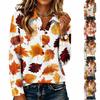 Women's Knit Fall Leaf Print Long Sleeve Collared Top for Casual Wear