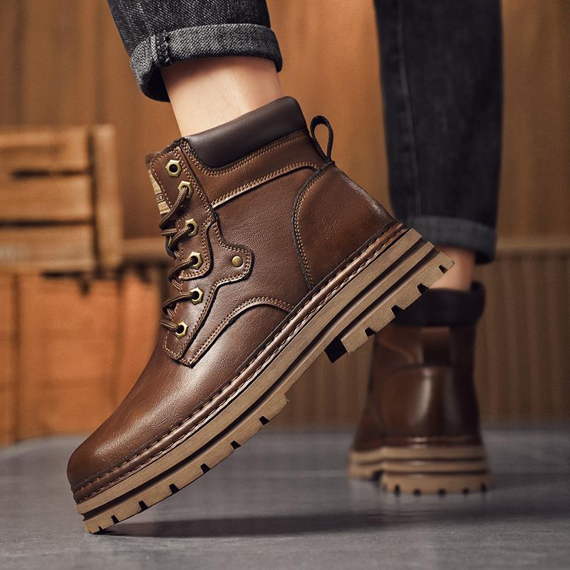 Fashion Man Round Toe Style Outdoor Motorcycle Boots Warm Plush Fur Winter Boots for Men Genuine Leather Basic Boots Comfy Outdoor Shoes