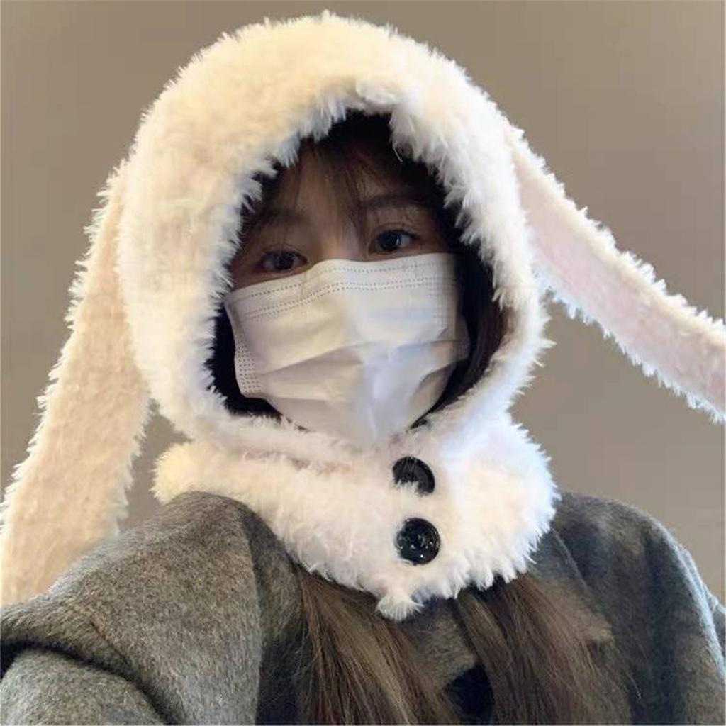 Furry Beanie Cap Long Ear Plush Balaclava Hat for Skiing Hiking Universal Adult Girl Windproof Beanies for Cold Weather