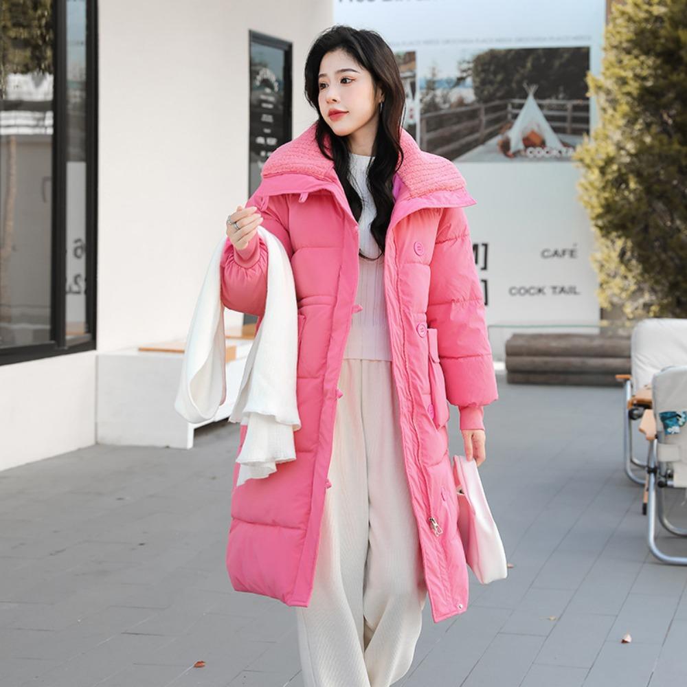

Casual thickened lapel knitted collar padded jacket over knee jacket loose solid color padded jacket M (190-60 kg) розовый
