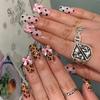 24PCS Sweet Pink Bowknot Medium Square False Nails Leopard Print Patterns with Black Polka Dots French Press On Nails Full Cover