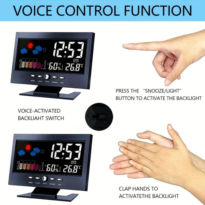 Large Backlit Display Digital Clock, Voice Control Weather Station, 12/24-Hour Format, Weather Forecast, USB Power Supply