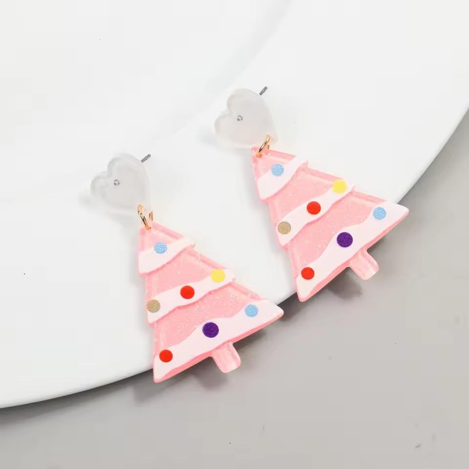 New Glitter Pink Christmas Tree Acrylic Earrings for Women Girls Cute Sweet 3-Tree Long Dangle Earring Party Jewelry Gifts