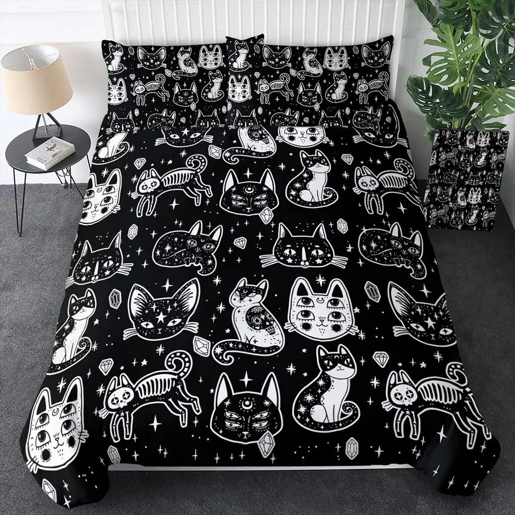 Witch Black Cat Duvet Cover Set Full,Cat Sitting On Moon Bedding Set Vintage Gothic Animals Cat Comforter Cover 2/3pcs Bed Sets