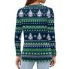 Women's Casual Christmas Print V-Neck Long Sleeve T-Shirt with Button