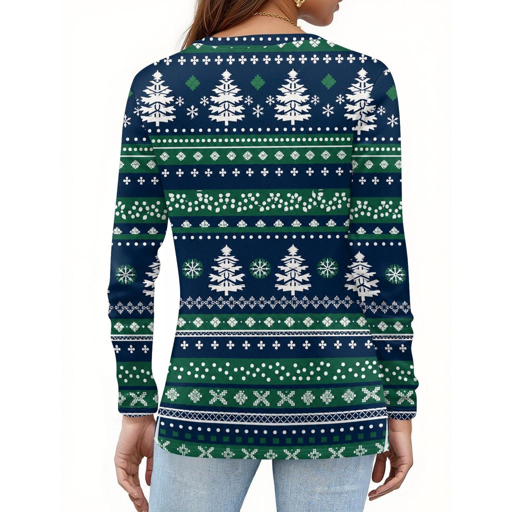 Women's Casual Christmas Print V-Neck Long Sleeve T-Shirt with Button
