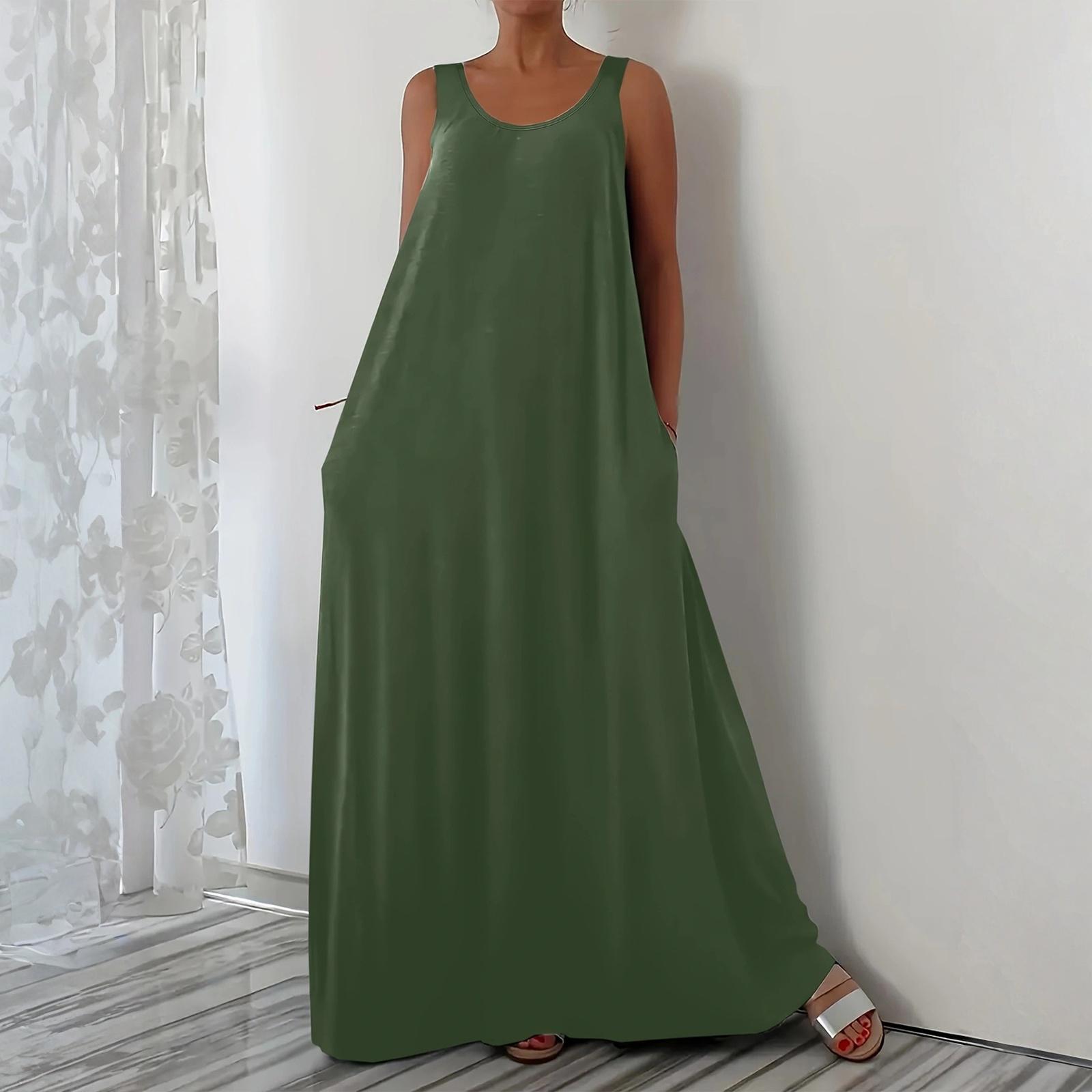 

Women s Fashionable Solid Color V Neck Sleeveless Casual Loose Fitting Pullover Long Dress XXL