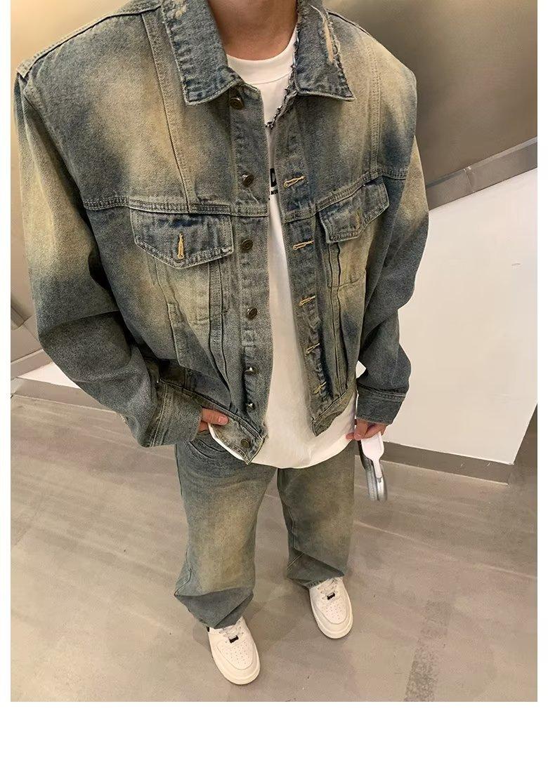Wash water and make old retro three-dimensional tailoring men s loose casual denim trendy denim jacket 3XL синий
