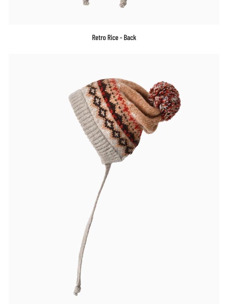 Women's Fair Isle Pompom Knitted Hat - Retro Jacquard Wool with Ear Protection for Winter Warmth