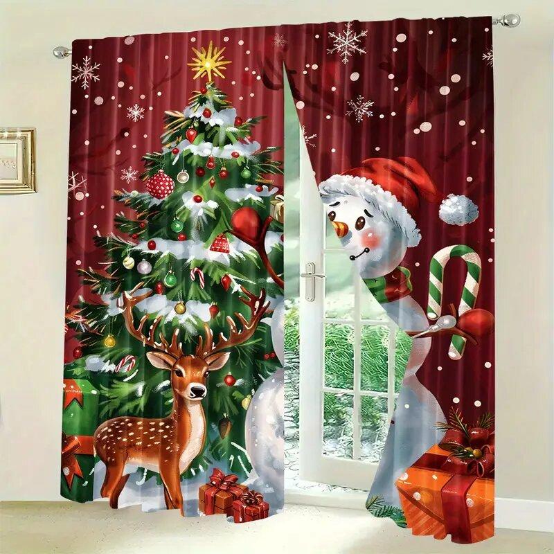 2pcs- Christmas Snowman theme Christmas printed curtains   pole bag curtains   home decoration   room decoration   window decoration