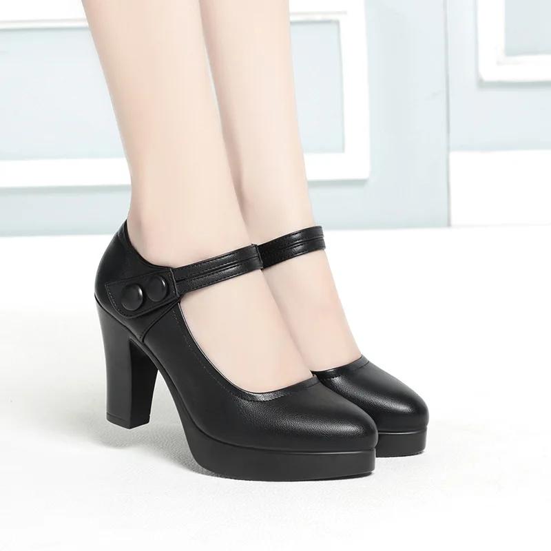 Female Classic Round Toe High Quality Black PU Leather Shoes Thick Heels Platform Pumps 2026Spring Office Women High Heel Shoes