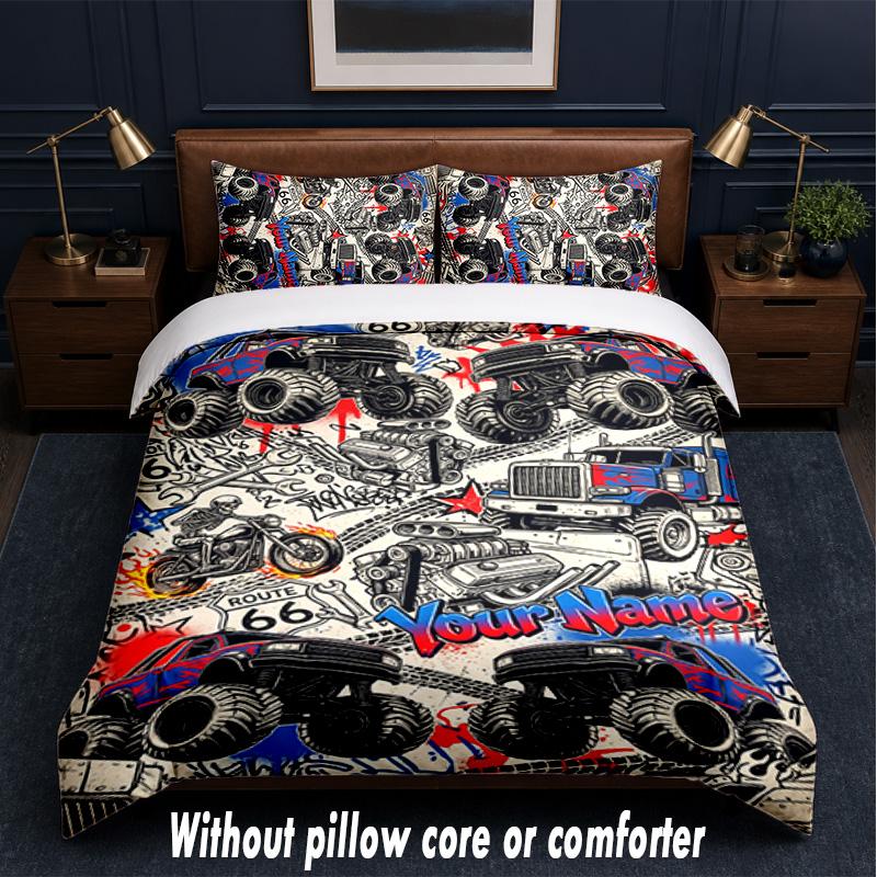 Monster Truck Theme Custom Text Or Name 3Pcs Bedding Set,1 Flat Sheet & 2 Pillowcases Personalized Home Bedding