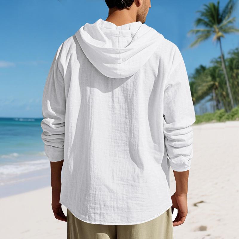 Oversized Shirt - Spring/Autumn Loose-Fit Solid-Colour Linen Men's Casual Long-Sleeved Hooded Cardigan