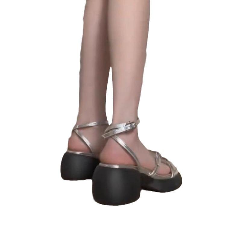 French silver thick heel high heel sandals women's summer fashion temperament thick sole with skirt one-word buckle with open toe cool slippers
