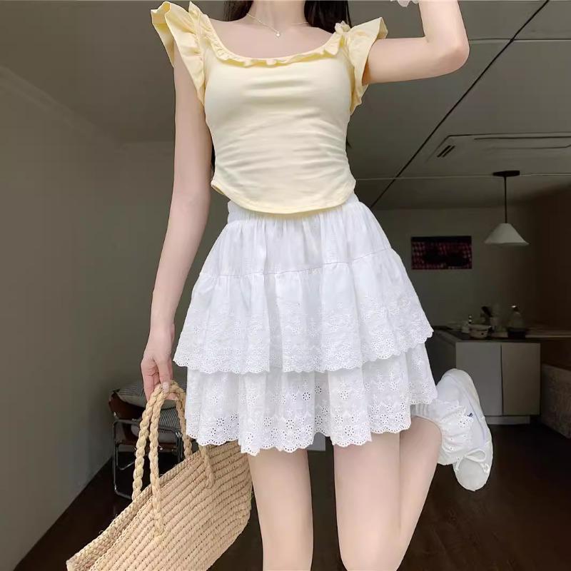 DX~~Gentle Wind Fluffy Cake Skirt Women's Summer High Waist Slim Hollow Lace A-line Half skirt