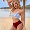Women Triangle Split Bikini Set Tie Side G-String Thong Swimsuit Striped Beach Sling Strap Solid Color Pant