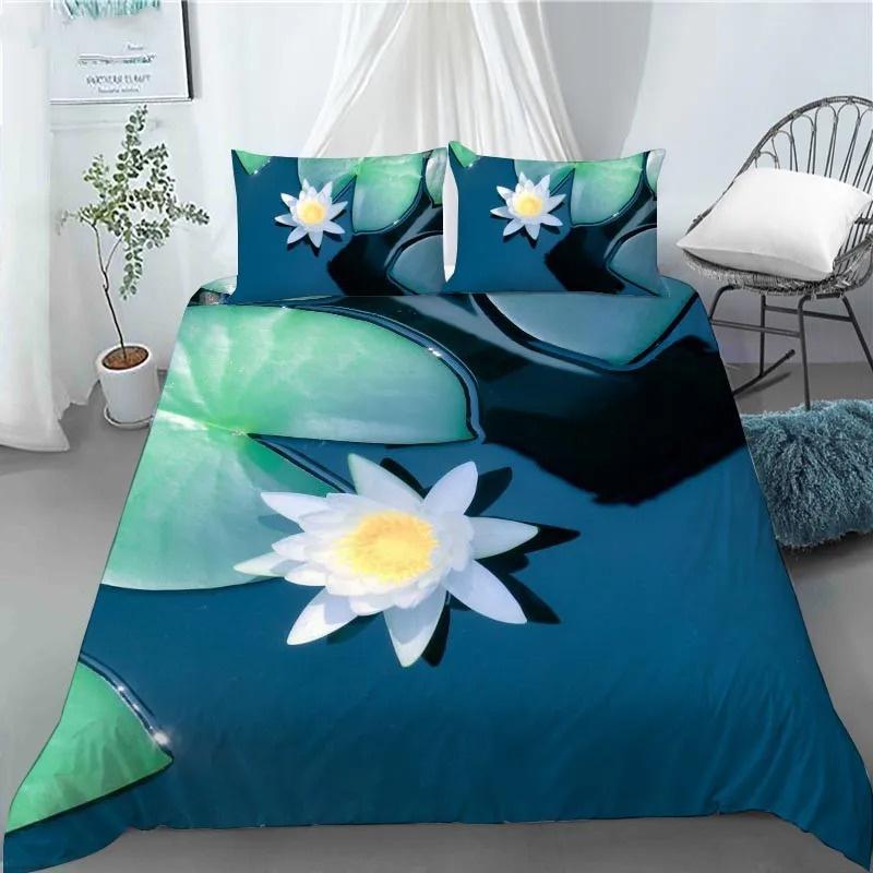 3D Lotus Flower Painting Duvet Cover Polyester Quilt Cover with Pillowcases King Queen Size for Kids Teen Adults Bed Decor Gifts