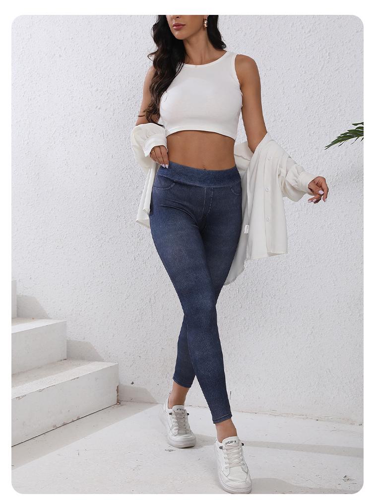 European-Style Faux Denim Yoga Pants: Slimming, High-Waist, Tummy Control, Leg-Lifting, Hip-Enhancing with Pockets.