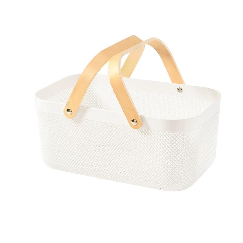 

Cesta de almacenamiento de PP con asa de madera, cesta organizadora de frutas y verduras para cocina