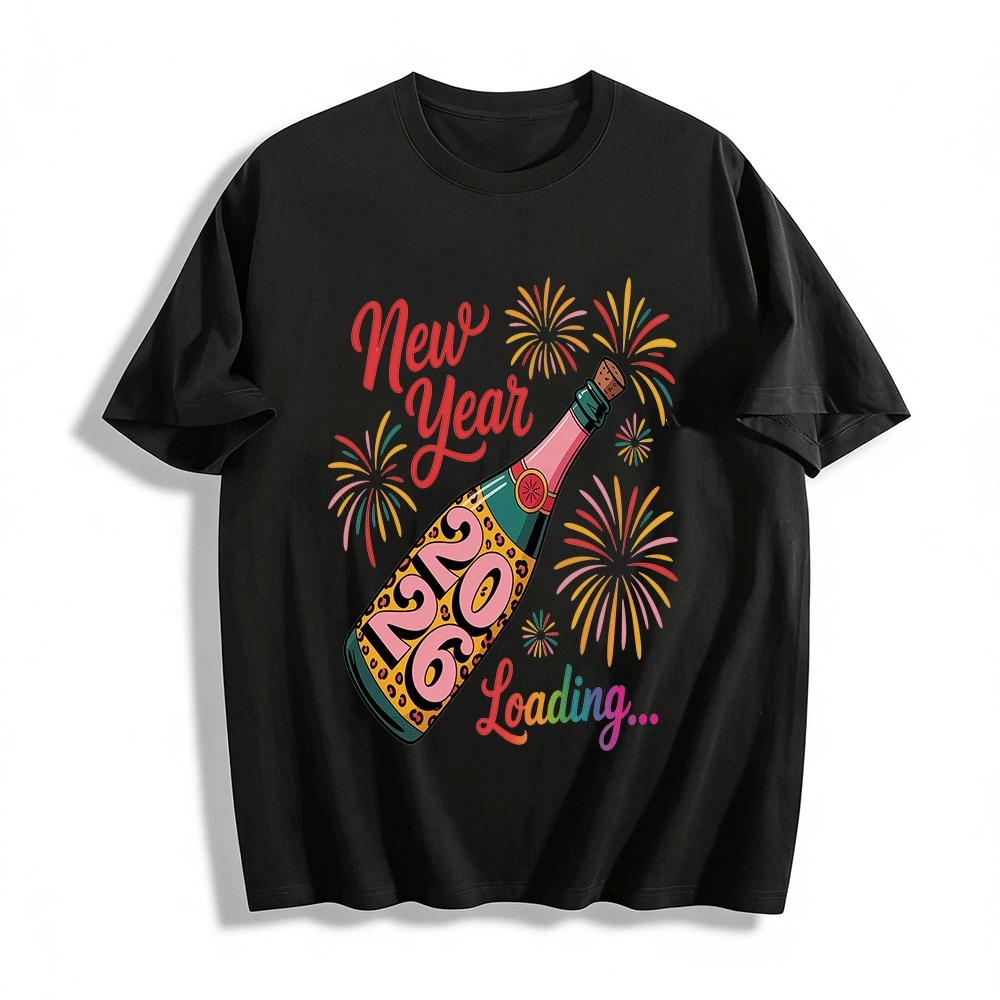 New Year 2026 Loading Firework Champagne Graphic Tee Pure cotton T-shirt XXS