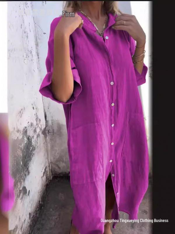 2026 Europäisches & Amerikanisches Frühling/Sommer Lockeres Casual Mittellanges Baumwoll-Leinen Hemdkleid für Damen