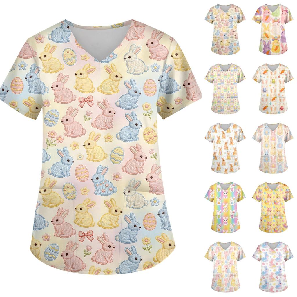 Ladies' Easter printed fashionable V-neck pocket short sleeved uniform and caregiver top
