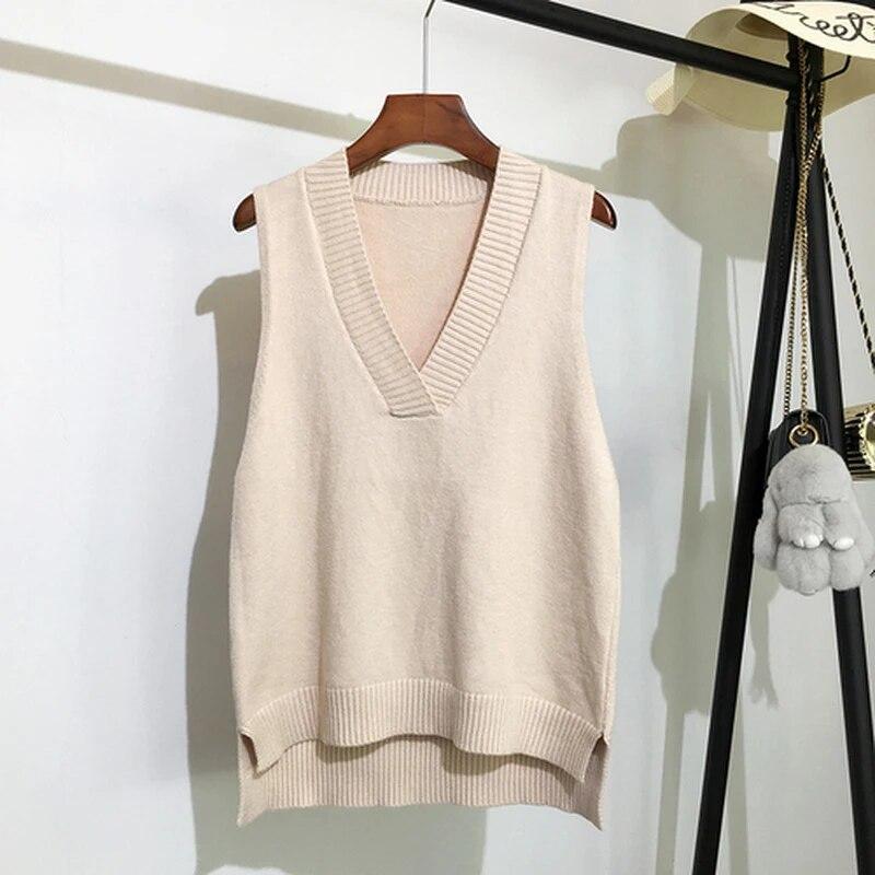 V-neck Knitted Vest Womens Sweater Autumn And Winter 2023 Vinatge Loose Pullover Women Vest Sleeveless Sweaters Fashion 11810