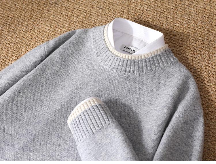 Men's Thickened Wool Sweater, Round Neck, Long Sleeve, Business Casual, Simple, Loose, Versatile Knit Outerwear, Base Layer