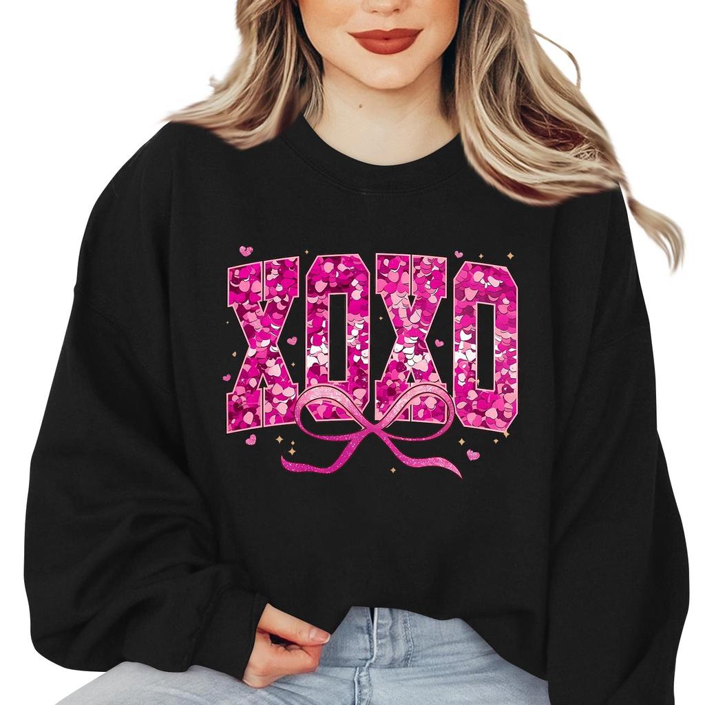 Damska modna bluza z długim rękawem i luźnym nadrukiem na Walentynki z okrągłym dekoltem