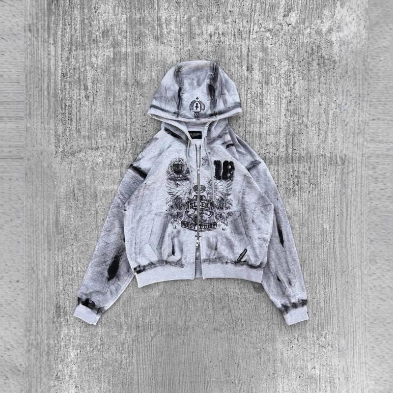 Vintage American Graffiti Print Hooded Cardigan Set Loose Fit Streetwear Teens
