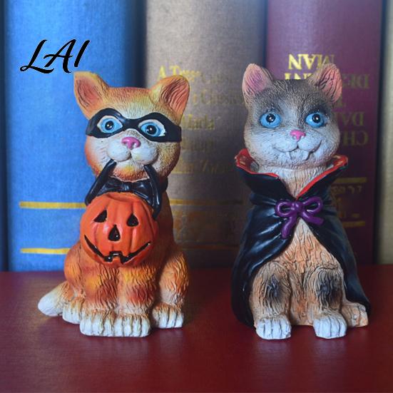 Little Red Riding Hood Cat Halloween Figurine Resin Miniature Statue Desktop Animal Ornaments Wizard Statue with Witch Hat/Cloak/Pumpkin Lamp Design
