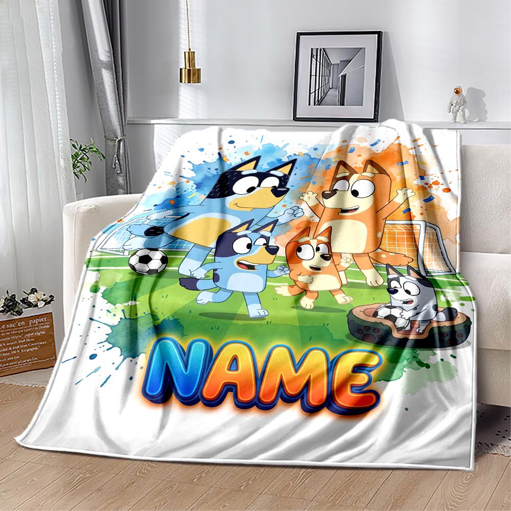 Bluey's Soccer Fun Customize Text Blanket Multi-purpose Personalized Blanket Soft & Cozy Perfect for Livingroom Chair Office Seaside for All Occasions