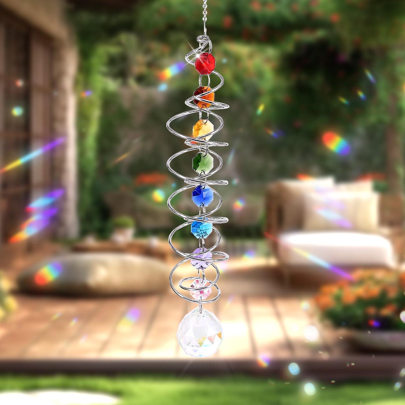 1pc 3D Spiral Tail Wind Rotating Suncatcher,Crystal Ball,Eternal Power Rainbow-Making Hanging Decoration,Sun Catcher