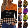 Women's Casual Long Sleeve T-Shirt with Halloween Print V-Neck and Button