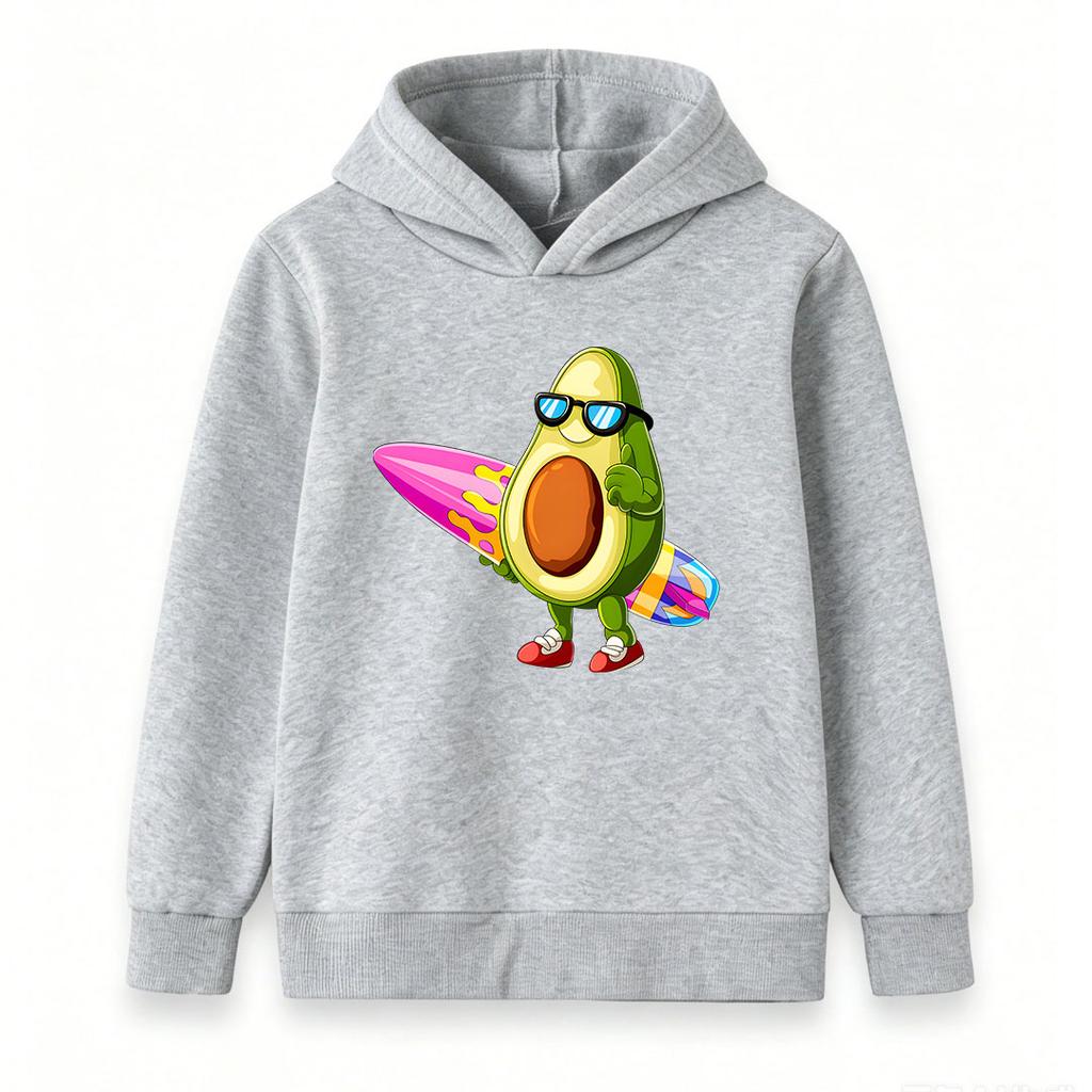 Kids Boys Girls Hoodie, Cool Avocado Surfer Cartoon Print Pullover Hooded Sweatshirt, Casual Long Sleeve Top for Beach Holiday Daily Wear 3-12 Years