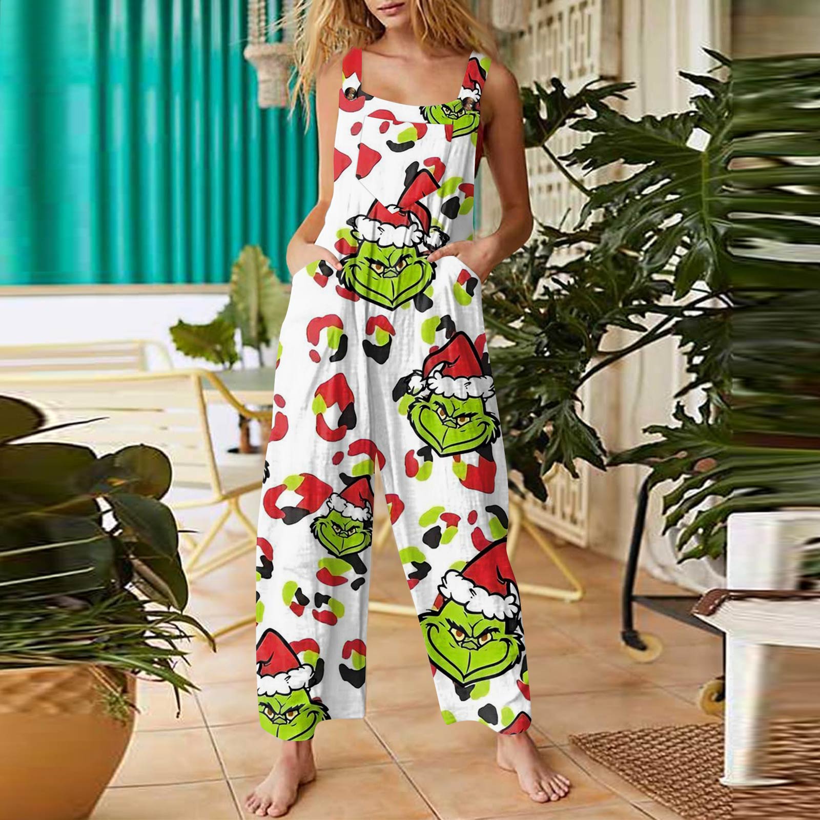 

Женский модный повседневный ретро комбинезон без рукавов на пуговицах с рождественским принтом XXXXL