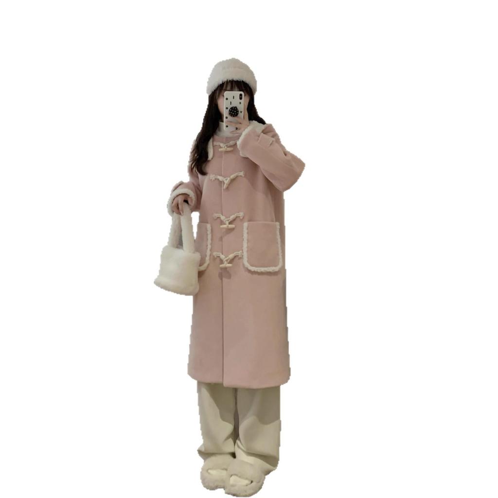 Women's Korean Pink Lambswool Tweed Coat: Winter 2025, Horn Button, Loose Fit