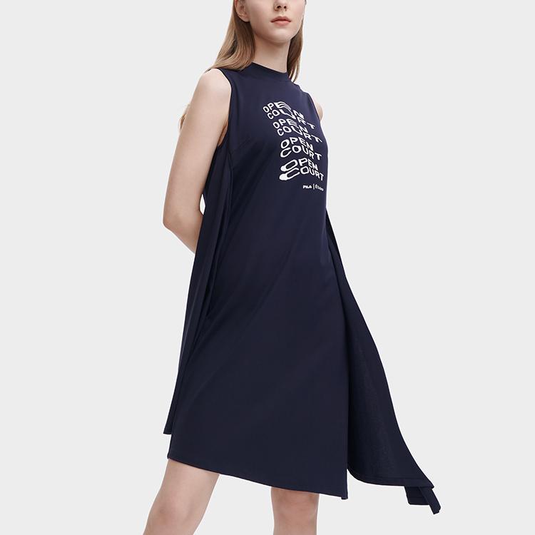 Fila Sport Fashion Round Neck Irregular Hem Sleeveless Knit Dress Women Dresses Legendary-Blue F11W326307F-NV