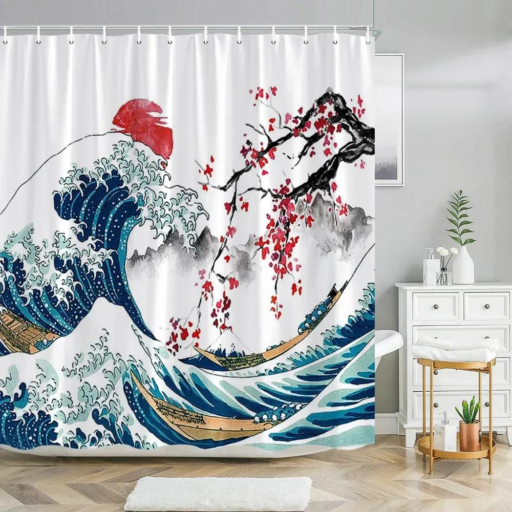 Pink Sakura Flowers Shower Curtains Japanese Cherry Blossoms Trees Floral Rustic Garden Landscape Fabric Print Bathroom Decor