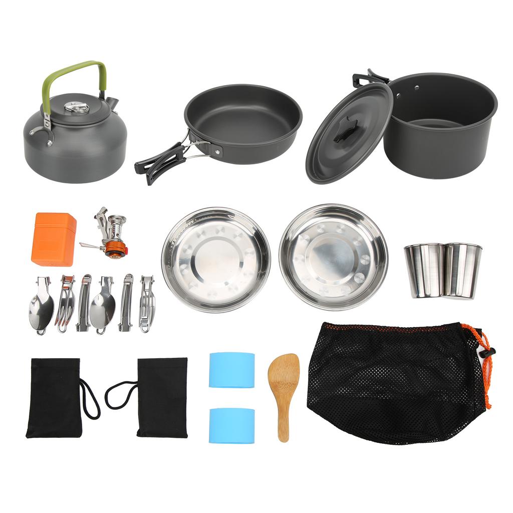 Kempingowy Zestaw Naczyń z Lekkim Garnkiem, Kuchenką, Sporkiem i Siatkową Torbą do Przenoszenia na Backpacking, Kemping na Świeżym Powietrzu, Wędrówki