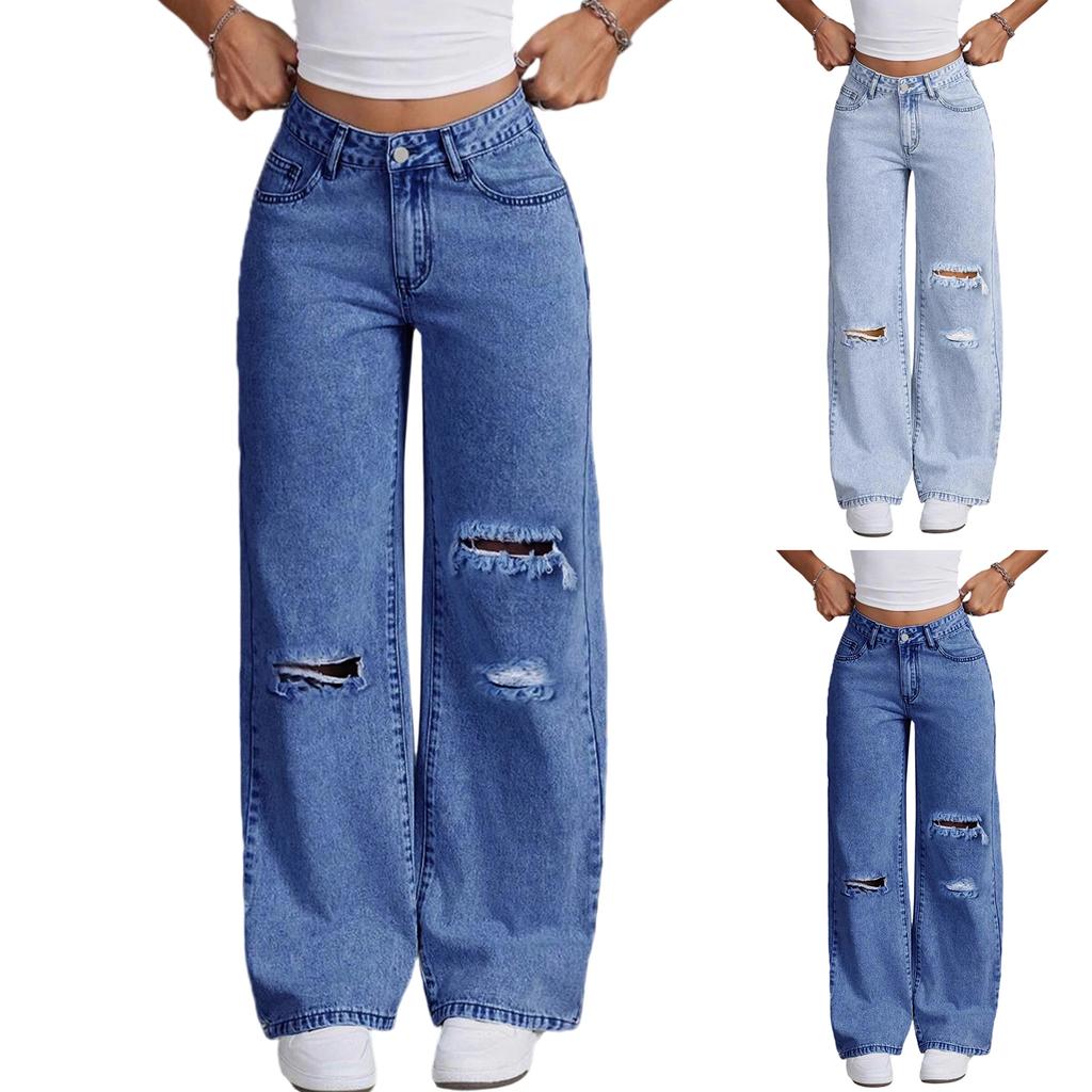 Women's Mid- Stretch Jeans Fashion Straight Leg Denim Pants With Pockets