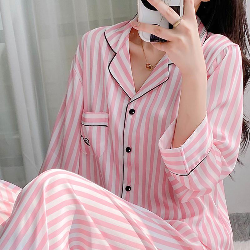Rosa gestreiftes Pyjama-Set, Loungewear, lange Ärmel, Hose, Homewear, bedrucktes Revers, Nachtwäsche aus Satin, lockere Freizeitnachtwäsche für Damen