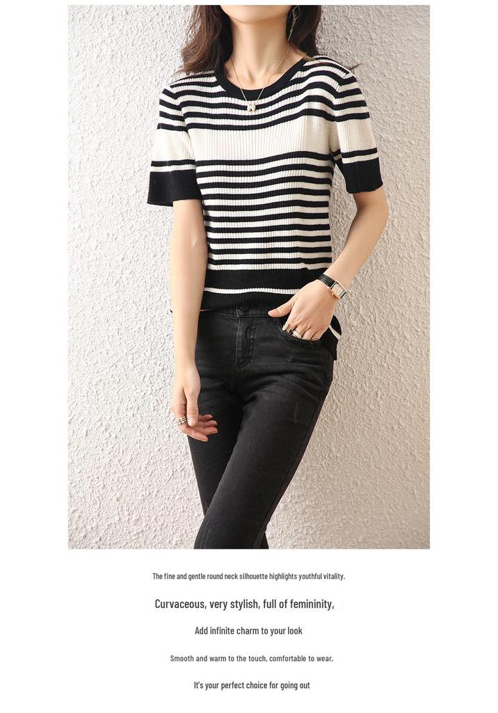 Women's Striped Wool Knit Short Sleeve Pullover - Slim Fit Round Neck in Black and White