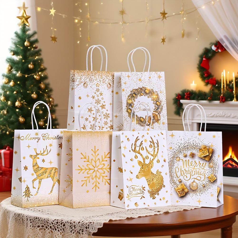12/24pcs Elegant White &Golden Luxury Christmas Gift Bags with Golden Glitter Reindeer,Snowflake & Tree Cutouts Party Packaging